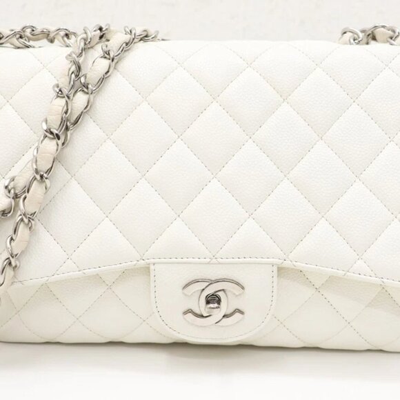 Chanel White Vintage Classic Single Flap Bag Quilted Caviar Jumbo - Picture 1 of 14